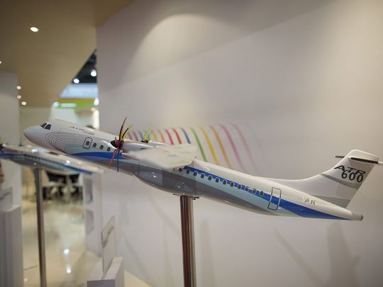 A model of an ATR 72-600 twin-engine turboprop aircraft, manufactured by Avions de Transport Regional (ATR).