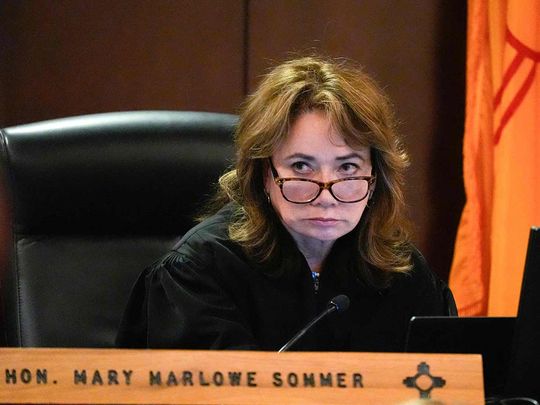 Judge Mary Marlowe Sommer listens during a pretrial hearing in Santa Fe, New Mexico, on July 8, 2024.