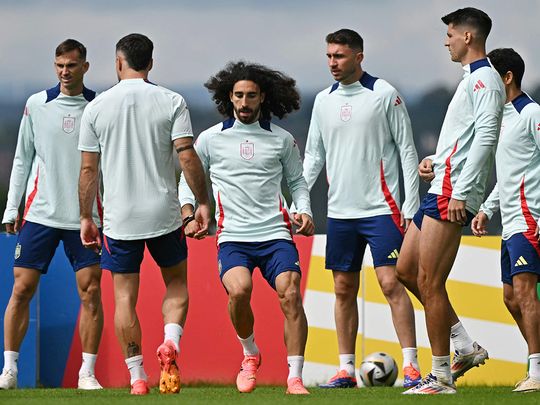 Spain's players attend an MD-1 training session