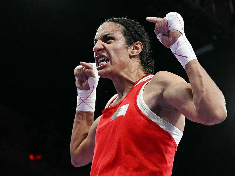 Algeria's Imane Khelif celebrates her victory over Hungary's Anna Luca Hamori