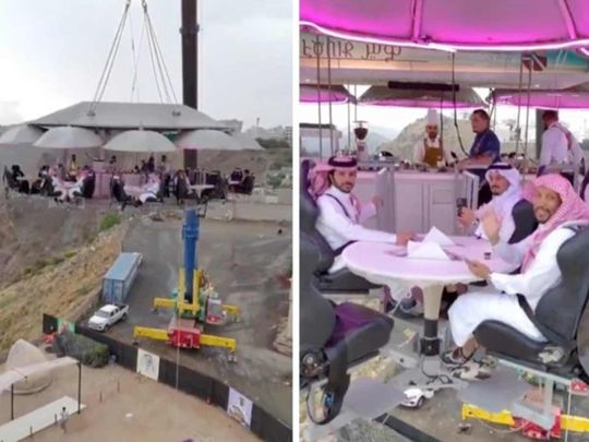 Saudi Arabia's 'flying restaurant' dazzles visitors with crane-supported dining experience