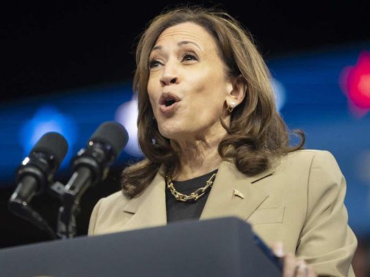 US Vice President Kamala Harris speaks