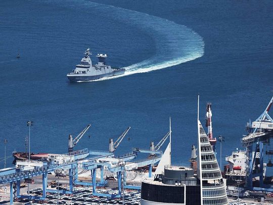 An Israeli Navy Saar 6-Class Corvette enters the port of Haifa