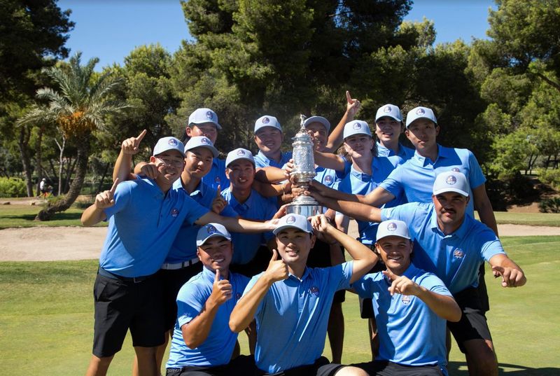 The Asia-Pacific Golf Confederation team celebrate their Bonallack Trophy victory at La Manga in Spain last year.