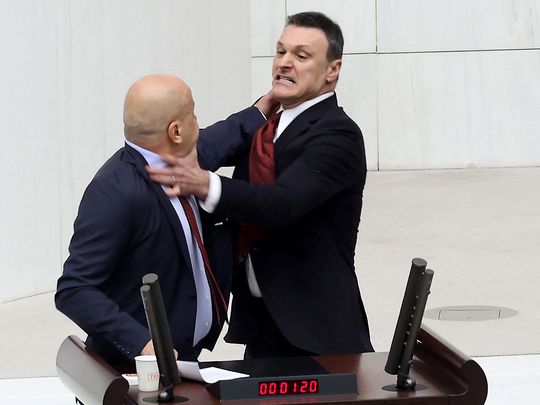 Alpay Ozalan (R) scuffles with Turksih Workers Party (TIP) deputy Ahmet Sik