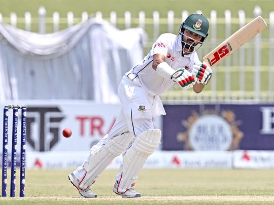 Bangladesh's Shadman Islam plays a shot 