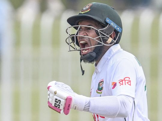 Bangladesh's Mushfiqur Rahim celebrates after scoring a century