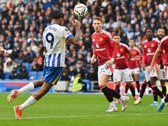 Brighton's Joao Pedro heads the ball to score team's second goal 