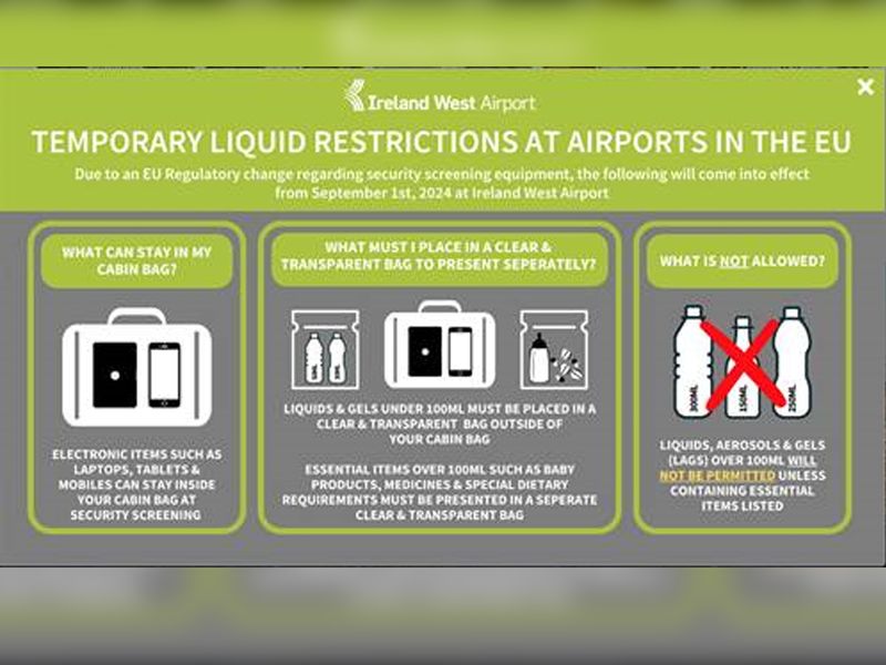 EU hand luggage rules announcement on the website of Ireland West Airport 