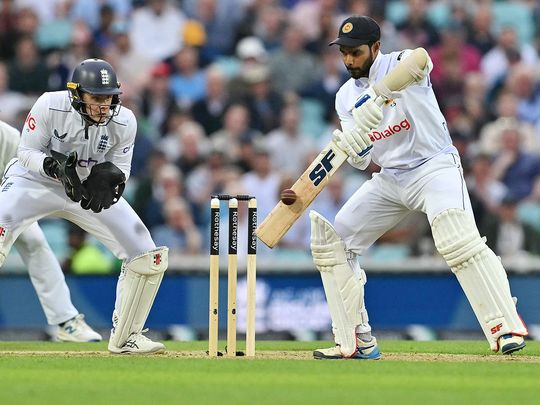 Sri Lanka's captain Dhananjaya de Silva plays a shot