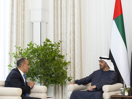 President His Highness Sheikh Mohamed bin Zayed Al Nahyan with Dr Badr Abdel Ati, Minister of Foreign Affairs and Migration of Egypt, at Qasr Al Shati in Abu Dhabi on Sunday