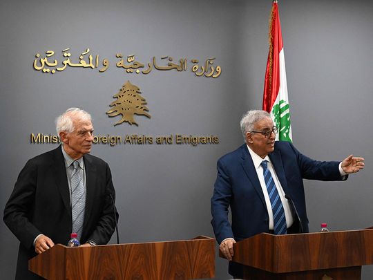 European Union's top diplomat Josep Borrell (L) and Lebanon's Foreign Affairs Minister Abdallah Bou Habib