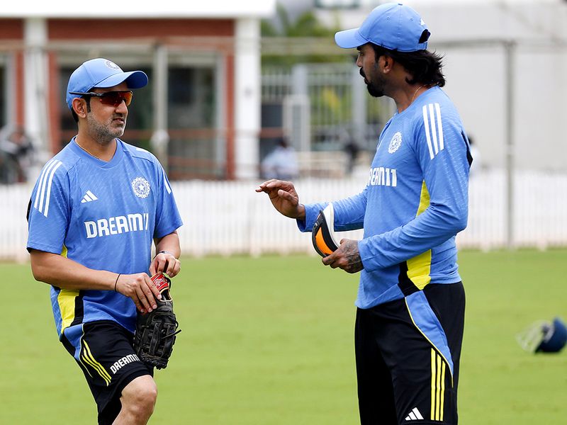 India's head coach Gautam Gambhir (left) in conversation with batter KL Rahul