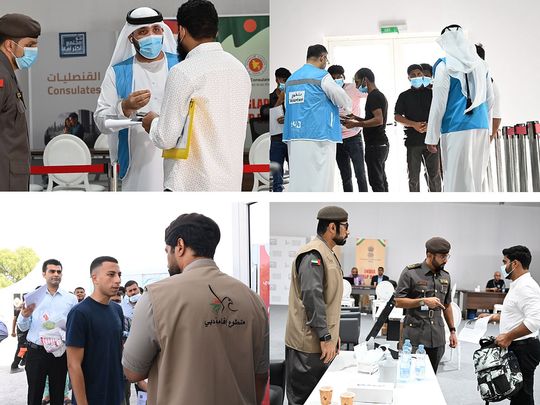 Combo of photos of volunteers guiding and assisting amnesty seekers in Dubai