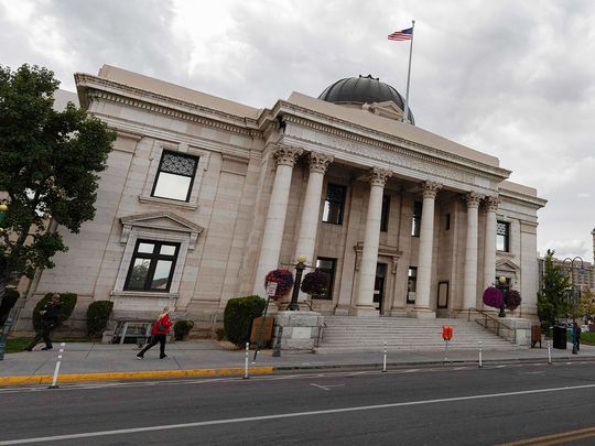 An American flag flies above the Washoe County Courthouse in Reno, Nevada. 