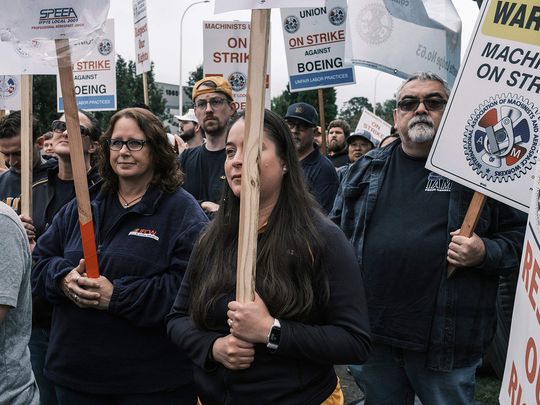 Striking Boeing workers hold rally at the Boeing Portland Facility 