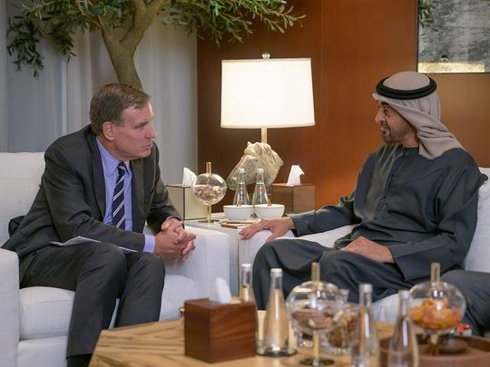 President His Highness Sheikh Mohamed bin Zayed Al Nahyan with Senator Mark Warner, United States Senator and Chairman of the Senate Select Committee on Intelligence, during an official visit to the United States.