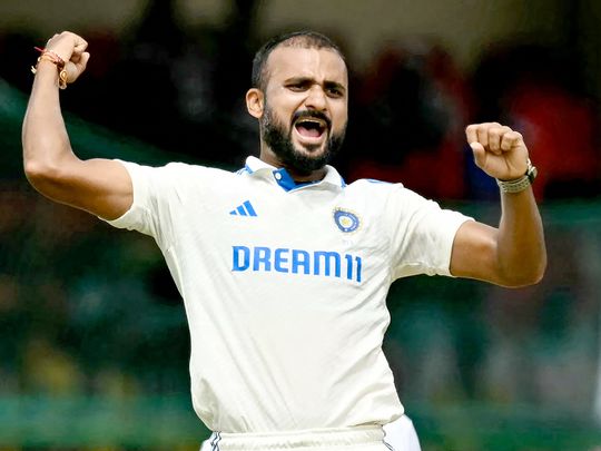 India's Akash Deep celebrates after the dismissal of Bangladesh's Zakir Hasan