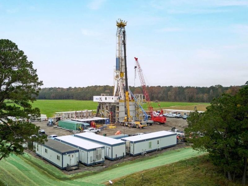 The drilling rig at ExxonMobil's first lithium well, in southwest Arkansas. 