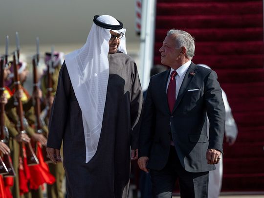 President His Highness Sheikh Mohamed bin Zayed Al Nahyan welcomed by King Abdullah II bin Al Hussein of Jordan at Marka Airport in Amman on Sunday