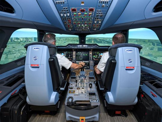 Emirates' pilots inside A350 full flight simulator