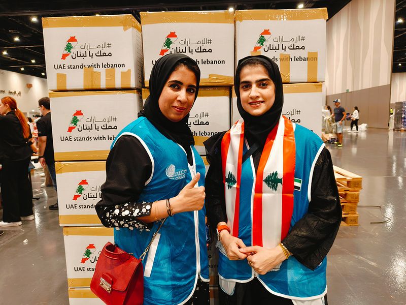 Abeer Al Naqbi and Dr Mona Al Raisi at Expo City Dubai on October 12 volunteer for 'UAE Stands With Lebanon'