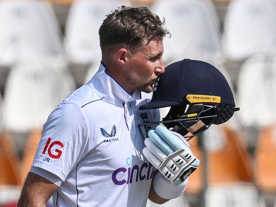 England's Joe Root celebrates after scoring double century