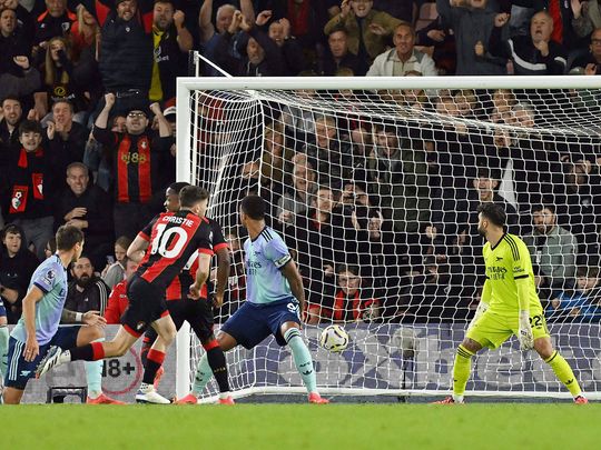 Bournemouth's midfielder Ryan Christie scores his team's first goal 