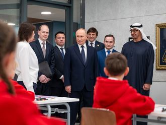 President His Highness Sheikh Mohamed bin Zayed Al Nahyan and Vladimir Putin, President of the Russian Federation, at the Sheikha Fatima bint Mubarak Education Centre in Moscow on Monday