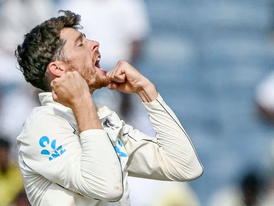 New Zealand's Mitchell Santner celebrates 