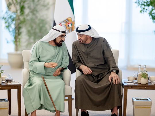 His Highness Sheikh Mohamed bin Zayed Al Nahyan, President of the United Arab Emirates (R) meets with His Highness Sheikh Mohamed bin Rashid Al Maktoum, UAE Vice President, Prime Minister and Ruler of Dubai