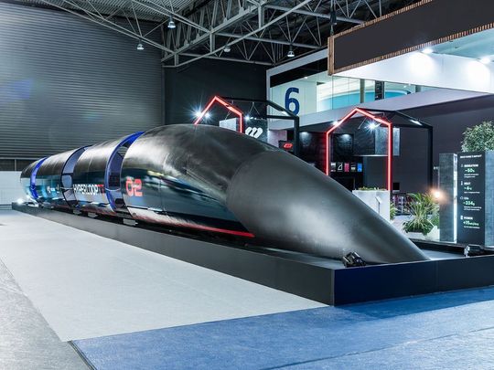 A full-scale capsule fuselage of Hyperloop TT at the Mobile World Congress in Barcelona-1730376335840