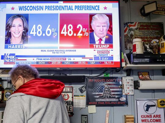 A poll for the US presidential election is seen on a television