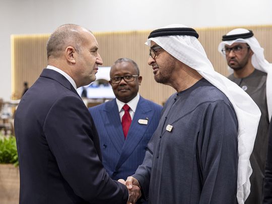 President His Highness Sheikh Mohamed bin Zayed Al Nahyan greets Rumen Georgiev Radev, President of Bulgaria, on the sidelines of the World Leaders Climate Action Summit (WLCAS), at COP29 in Baku on Tuesday