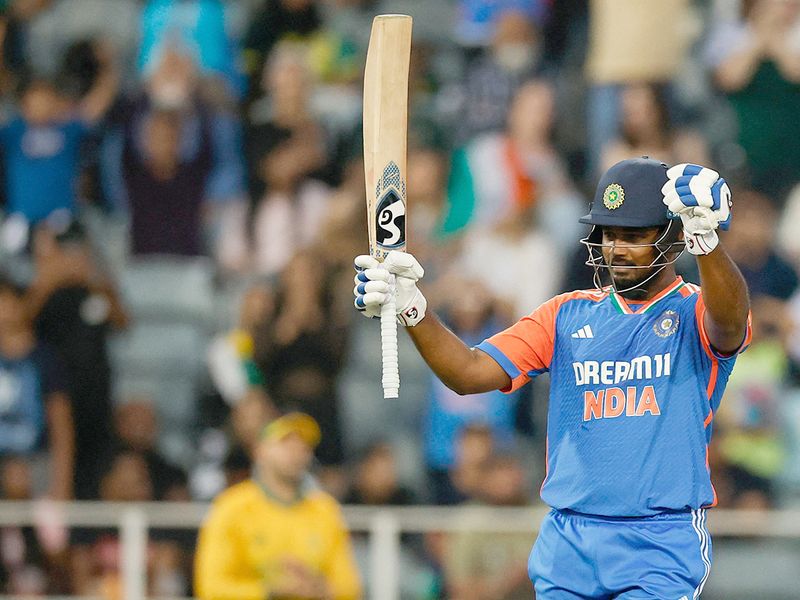 India's Sanju Samson celebrates after scoring a century