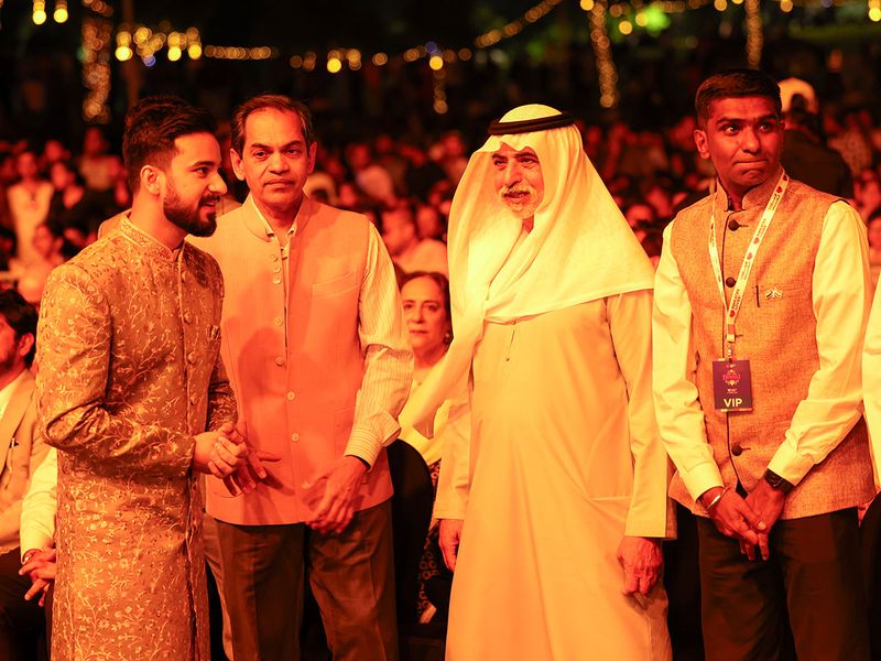 Sheikh Nahyan with Indian Ambassador Sudhir, Indian Consul General Satish Kumar Sivan and guests at the event.  