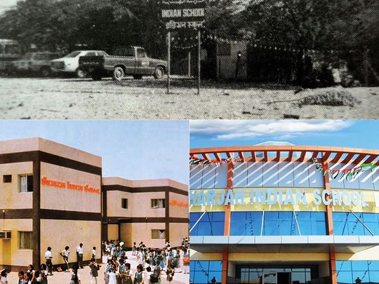 A collage of images shows the growth of Sharjah Indian School from porta cabins in villas to modern buildings