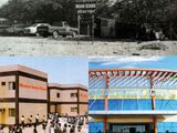 A collage of images shows the growth of Sharjah Indian School from porta cabins in villas to modern buildings