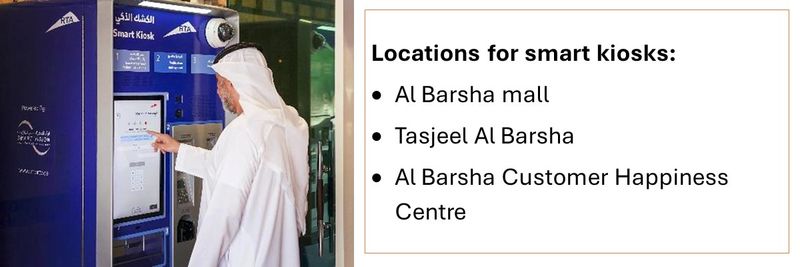 Locations for smart kiosks: Al Barsha mall Tasjeel Al Barsha Al Barsha Customer Happiness Centre