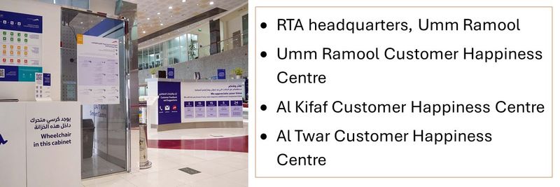 RTA headquarters, Umm Ramool Umm Ramool Customer Happiness Centre Al Kifaf Customer Happiness Centre Al Twar Customer Happiness Centre