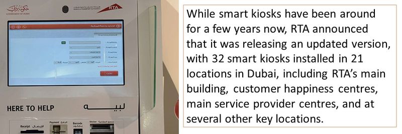 While smart kiosks have been around for a few years now, RTA announced that it was releasing an updated version, with 32 smart kiosks installed in 21 locations in Dubai, including RTA’s main building, customer happiness centres, main service provider centres, and at several other key locations.