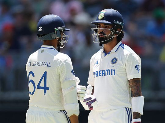 Yashasvi Jaiswal and KL Rahul celebrate their 50-run partnership during Day 2 of the first Test match, at Perth Stadium, in Perth on Saturday.