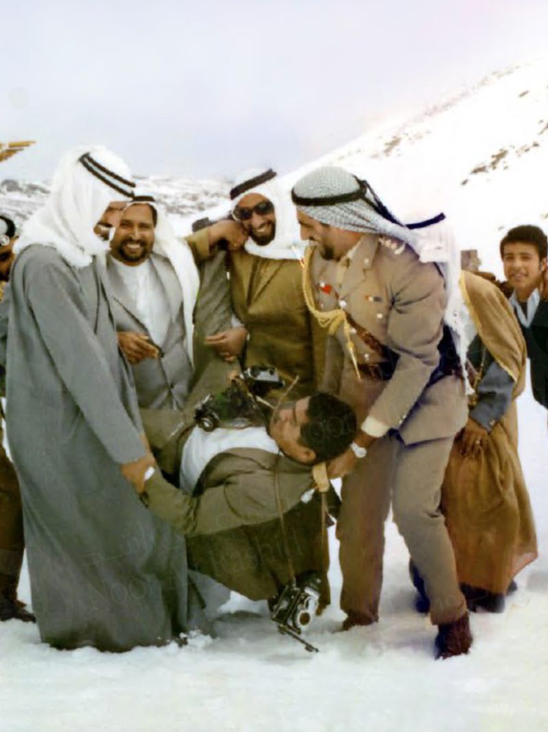 Noor Ali Rashid with Sheikh Zayed bin Sultan Al Nahyan, Lebanon, 1970s. Noor Ali Rashid having fun on the ski slopes with Sh-1732795364234