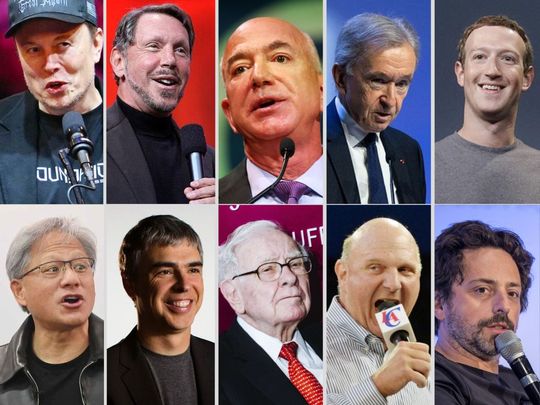 Super billionaires, Musk, Ellison, Bezos, Arnault, Zuckerberg, Brin, Ballmer, Buffett, Page and Huang