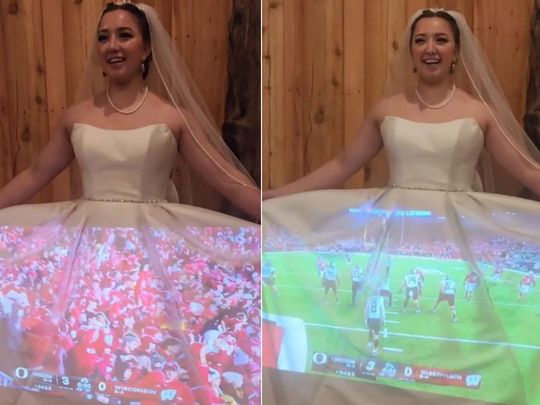 US bride - football game displayed on gown