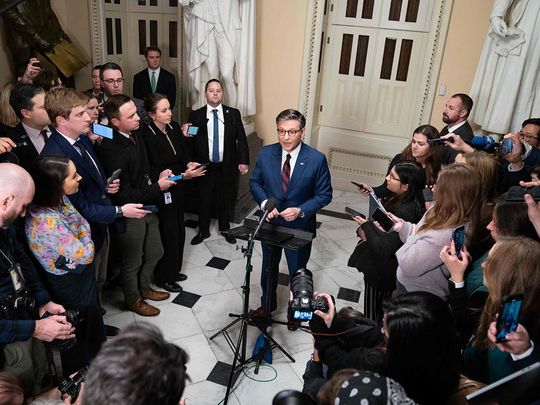 US Speaker of the House Mike Johnson, Republican from Louisiana, speaks to the media during a vote on a revised continuing resolution bill at Capitol Hill in Washington, DC on December 19, 2024.