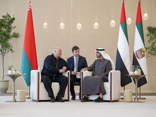 President His Highness Sheikh Mohamed bin Zayed Al Nahyan and Aleksandr Lukashenko, President of Belarus on Dec 22 in Abu Dhabi