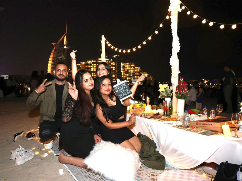 Jagdeep Singh celebrating his birthday with friends and waiting for Burj Al Arab New Year fireworks. Anas Thacharpadikkal /Gulf News